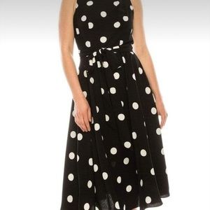 SL Fashions New York Sz 16 Mock Neck Tie Waist Dress Black and White Polka Dot
